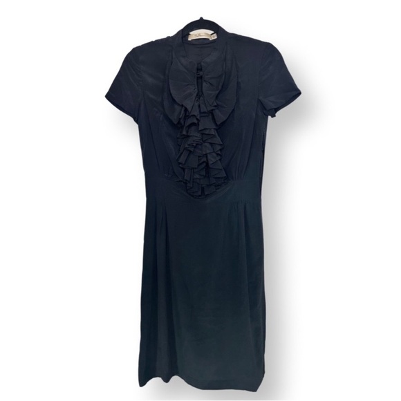 [ SO FRENCH ] Black 100% silk ruffle breast tailored shirt dress: MED : like new - Picture 1 of 7